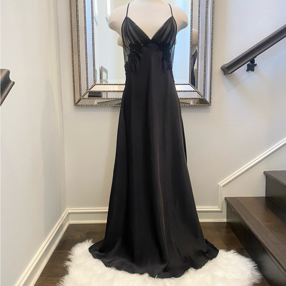 🌺SOLD🌺 Y2K Frederick’s of Hollywood Silky Sheer Black Maxi Gown Slip Dress - Picture 9 of 10